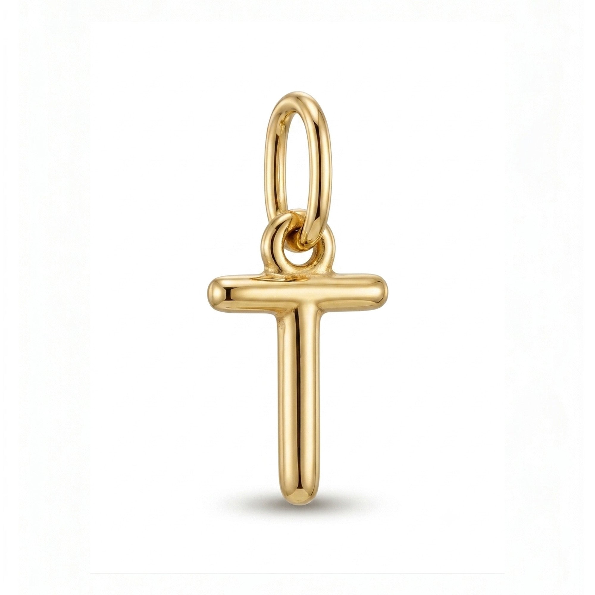 [group: t-10k-gold] A polished yellow gold T-shaped cross pendant charm with a hanging loop, shown on a clean white background.