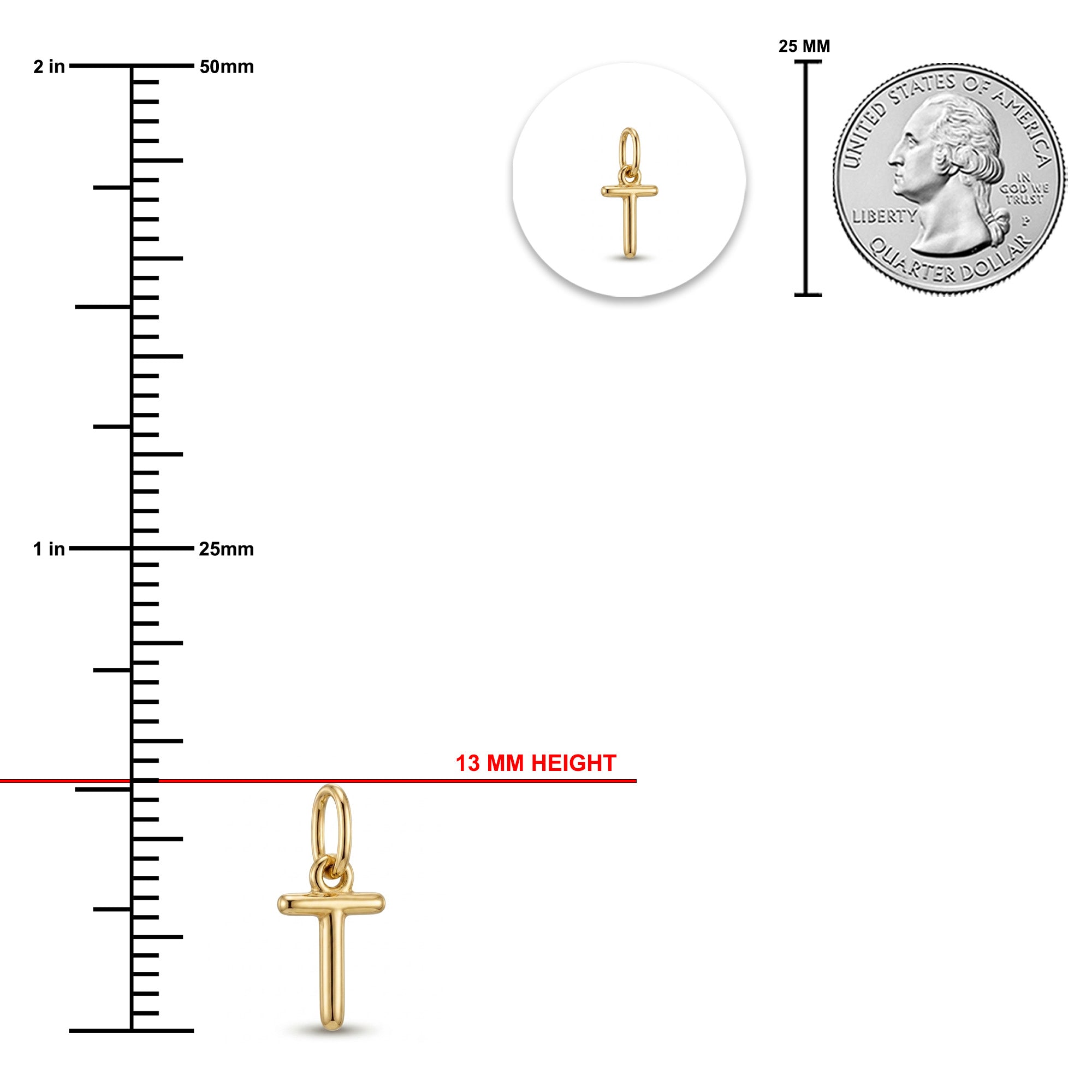 [group: t-10k-gold]Gold cross pendant shown on a white background with measurement guides, including a 13 mm height indicator, a 25 mm coin scale reference, and a small circular inset of the pendant.