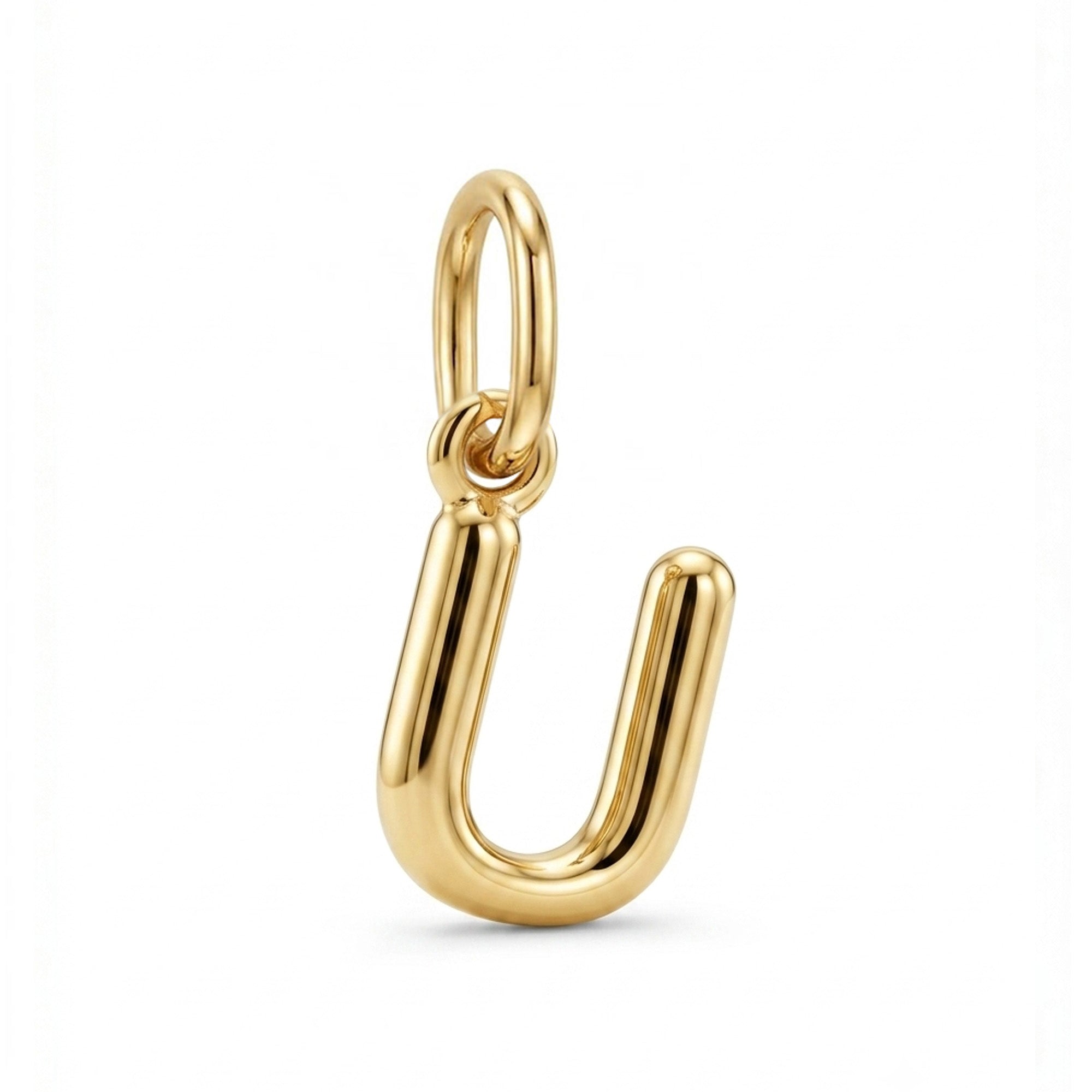 [group: u-10k-gold] A polished yellow gold letter 'U' initial pendant charm with a smooth, rounded design and a top loop, shown on a clean white background.