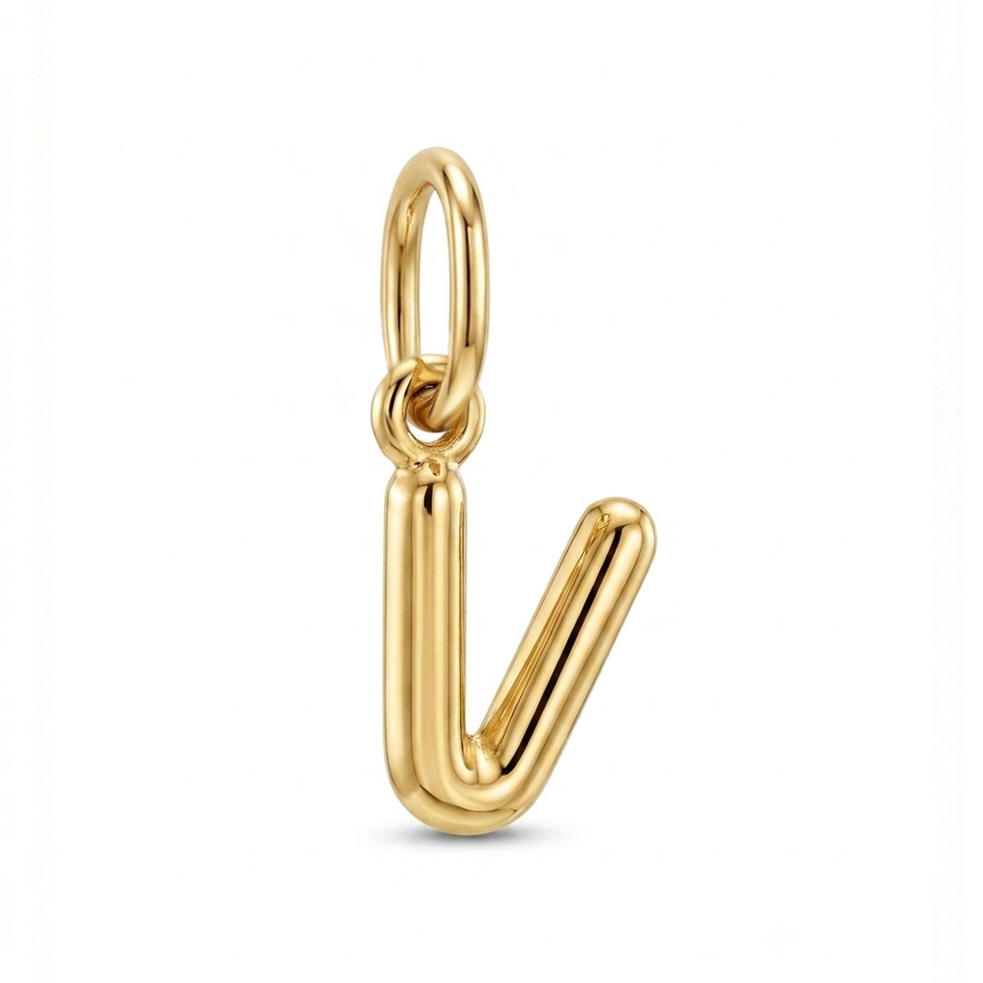 [group: v-10k-gold] A polished yellow gold initial pendant charm shaped like the letter 'V', featuring a smooth, rounded design with a top loop, shown on a clean white background.