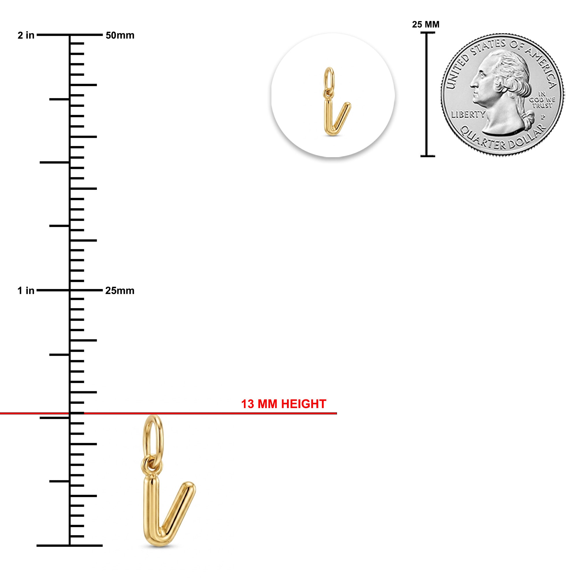 [group: v-10k-gold] Gold V-shaped charm pendant with measurement guide showing 13 mm height, scale ruler in millimeters, and a 25 mm US quarter coin for size reference on a white background.