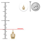 [group: w-10k-gold]Gold pendant shown on a white background with measurement guides: a vertical ruler in millimeters, a red 13 mm height line, a 25 mm coin for scale, and a circular inset of the pendant.
