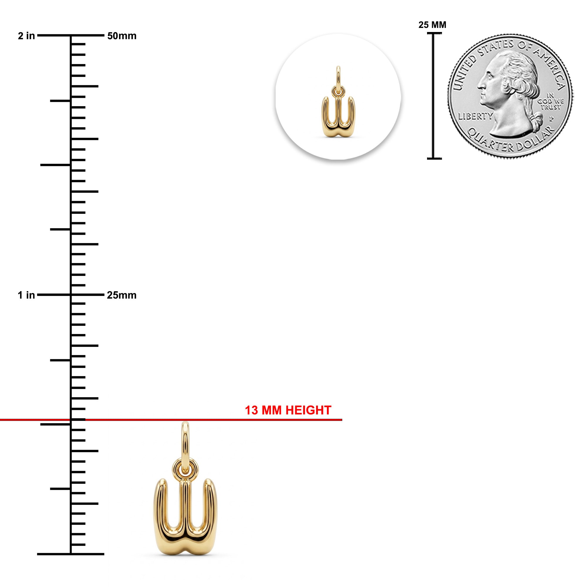 [group: w-10k-gold]Gold pendant shown on a white background with measurement guides: a vertical ruler in millimeters, a red 13 mm height line, a 25 mm coin for scale, and a circular inset of the pendant.