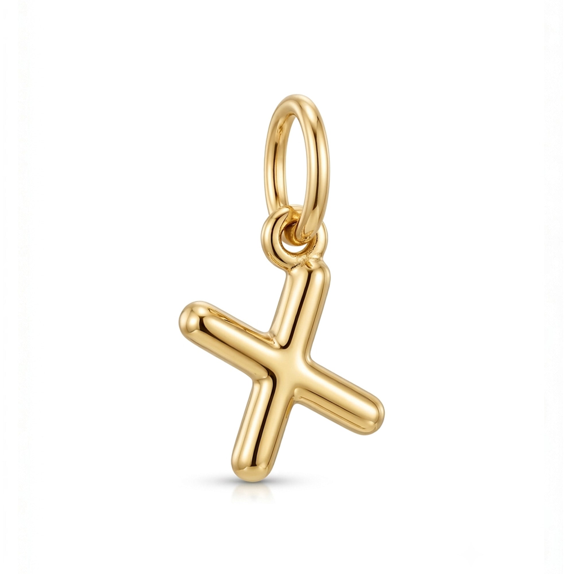 [group: x-10k-gold] A polished yellow gold X pendant charm with a hanging loop, shown on a clean white background.