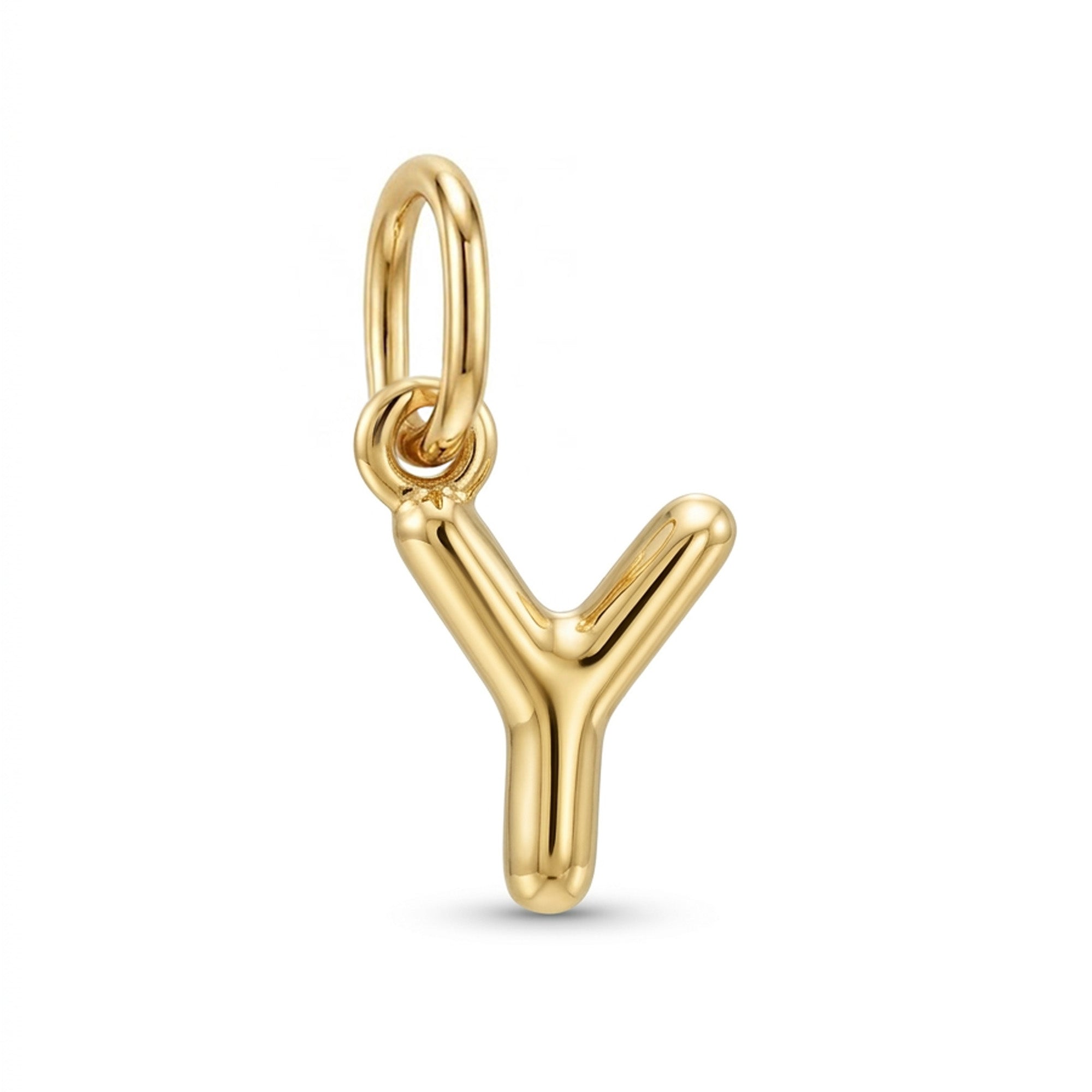 [group: y-10k-gold] A polished yellow gold initial charm shaped like the letter 'Y' with a hanging loop at the top, shown on a clean white background.