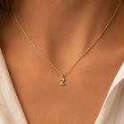 [group: z-10k-gold]A close-up of a person's neck and chest wearing a delicate gold chain necklace with a small capital letter 'Z' pendant.