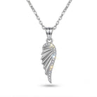 Silver angel wing pendant necklace on a white background
