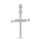 A silver cross pendant encrusted with clear gemstones, featuring a sword hilt design on the crossbar, set against a plain white background.