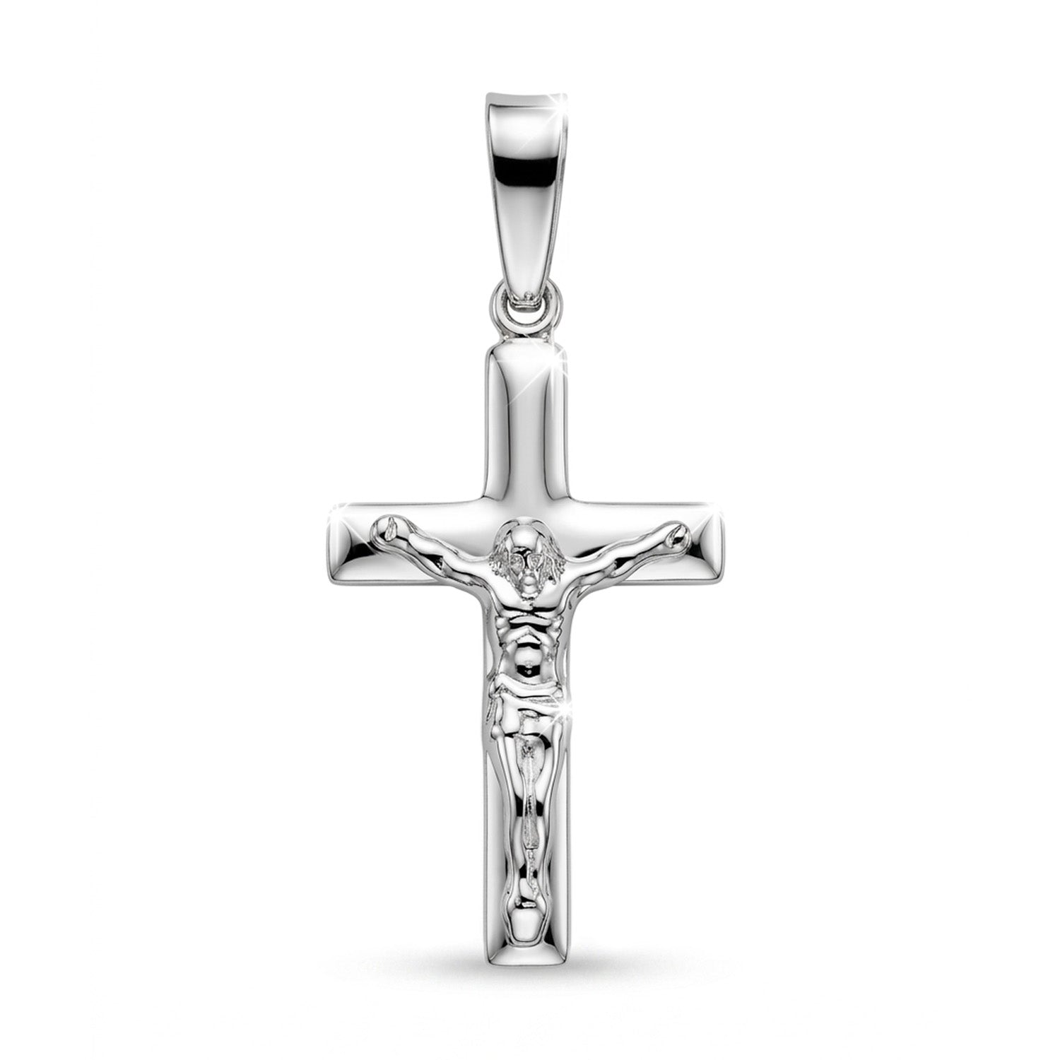 Silver crucifix pendant on a white background