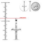 Silver crucifix pendant with measurements against a white background