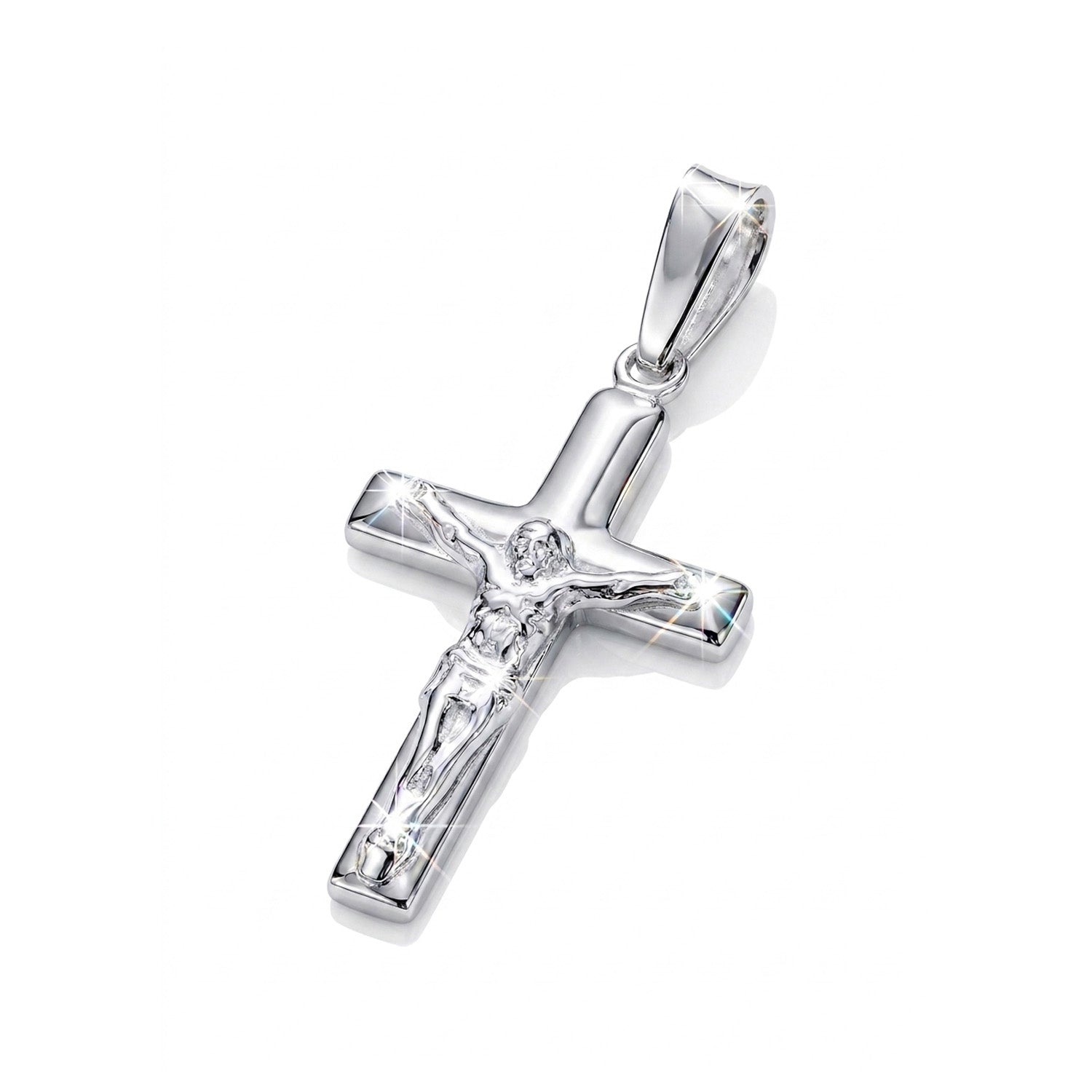 Silver cross pendant with a耶稣 figure on a white background