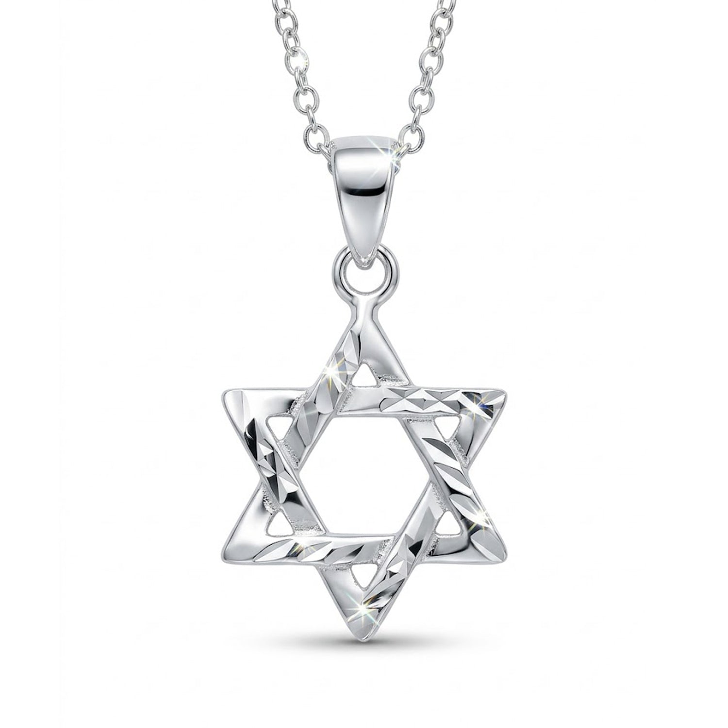 A sterling silver Star of David pendant necklace on a delicate link chain, shown against a clean white background.