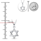 Silver Star of David pendant necklace on a chain, shown with a ruler scale in millimeters, a 25 mm coin comparison, and a close-up inset on a white background.