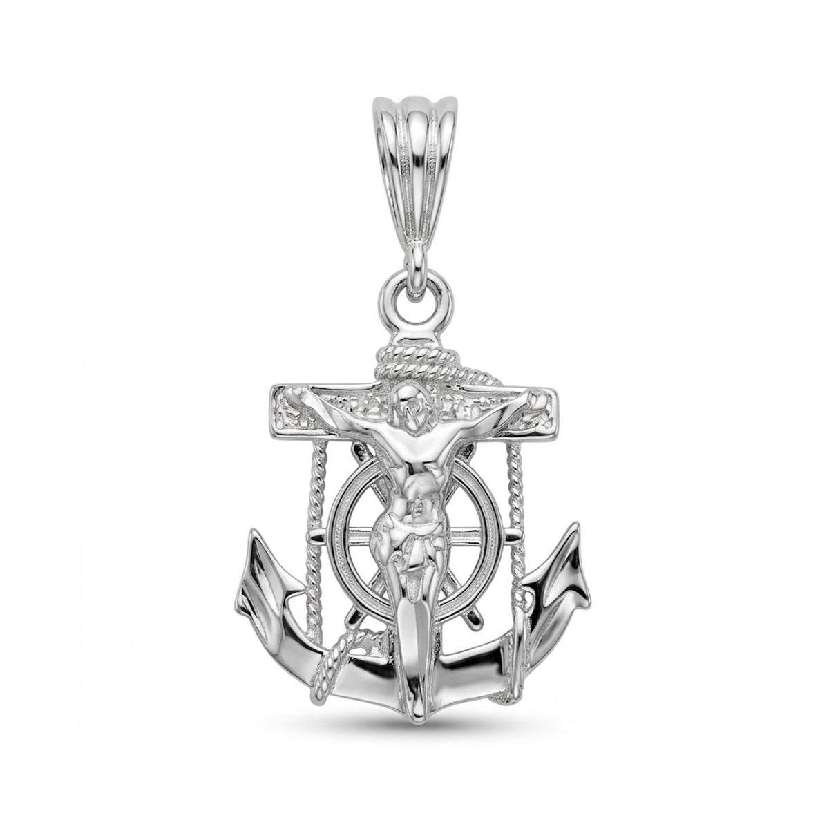 A silver anchor and crucifix pendant charm with a central figure, detailed with small clear stones, shown on a plain white background.