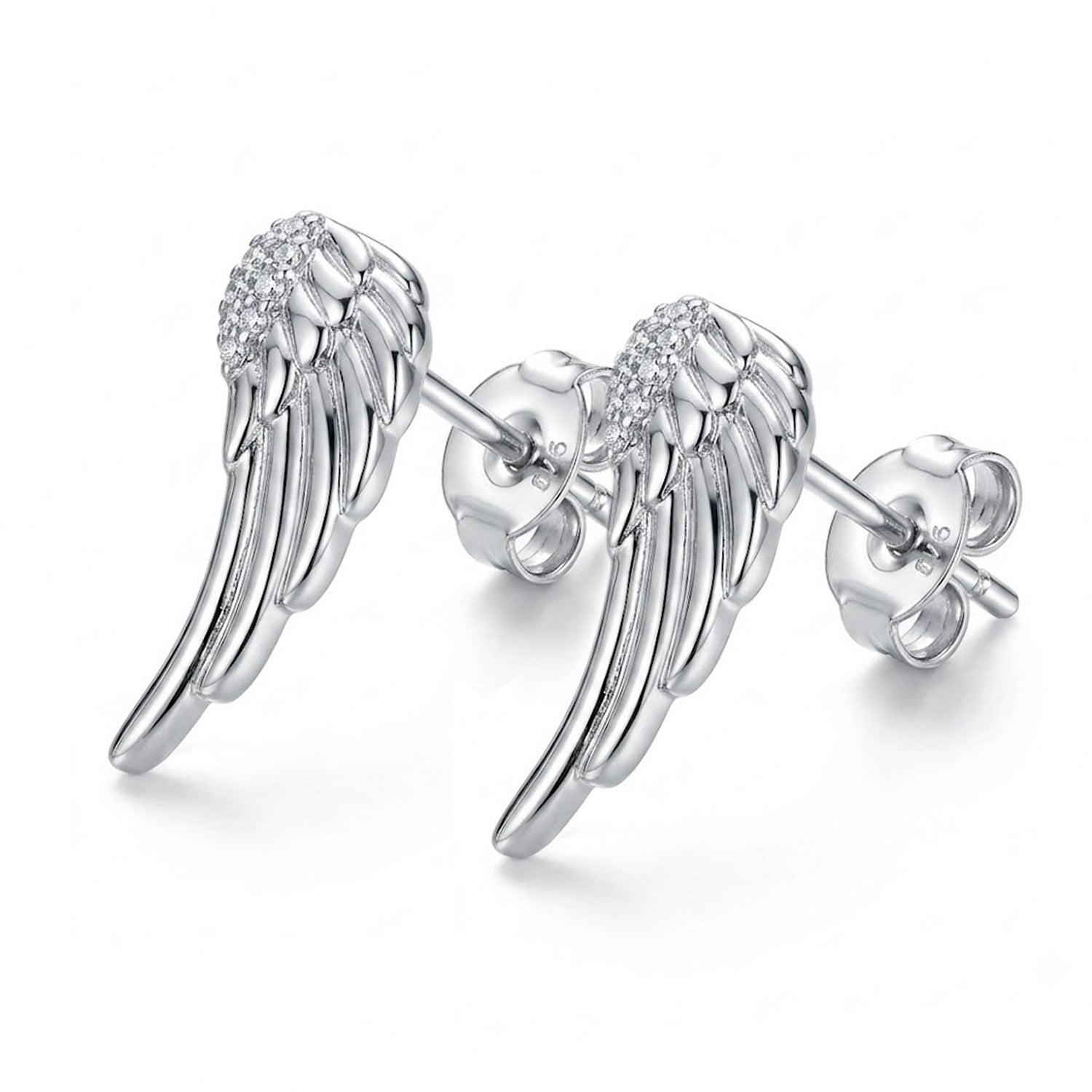 A pair of silver angel wing stud earrings with small clear gemstones at the top of each wing, shown on a clean white background.