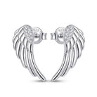 A pair of silver angel wing stud earrings with clear pavé crystal accents on the wing tops, shown on a clean white background. The inner post is stamped with '925' indicating sterling silver.