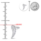 Silver wing-shaped stud earring shown on a white background with measurement guides, a 19 mm height indicator, a circular inset of the back view, and a 25 mm coin scale reference.