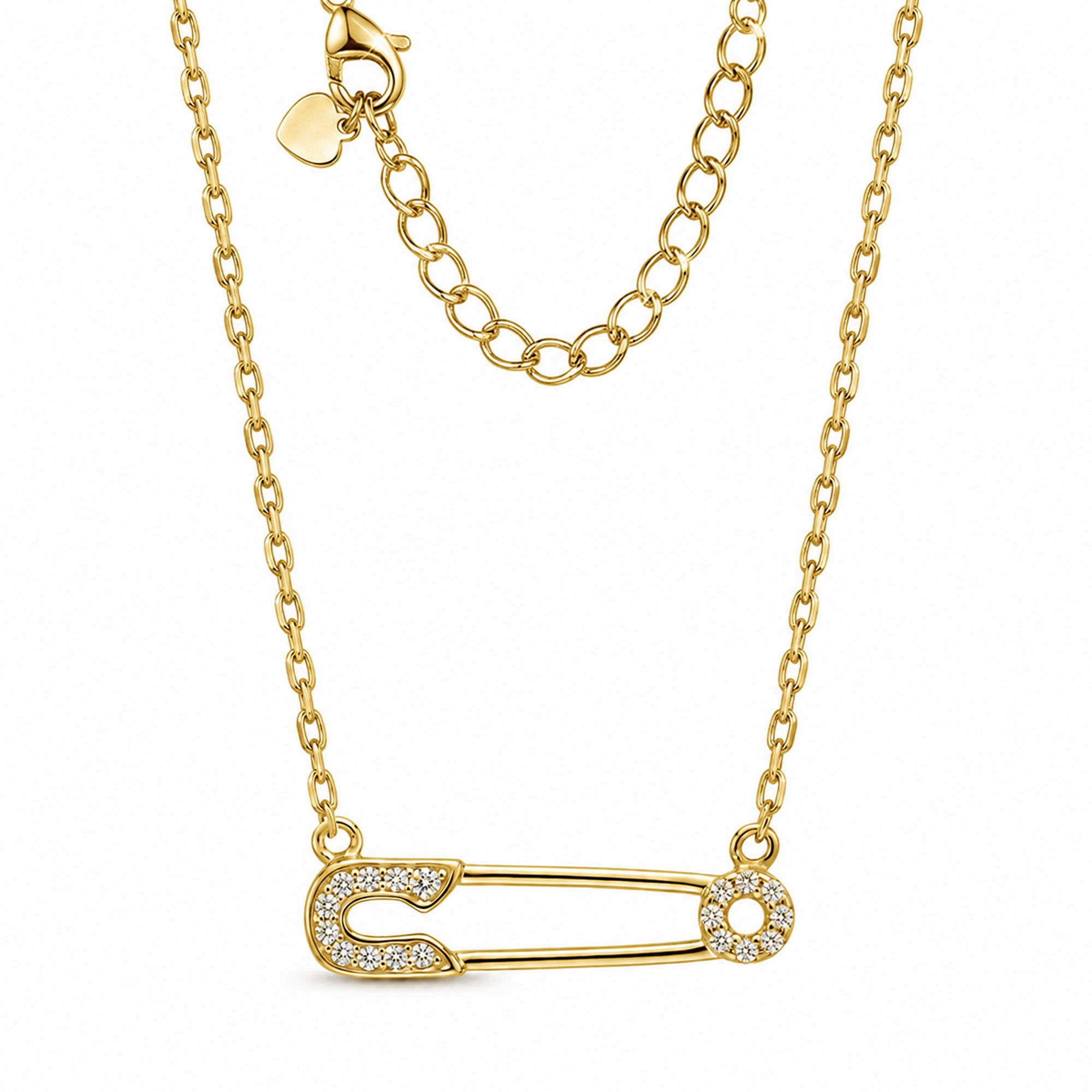 [group: gold-plated]A gold safety pin pendant necklace adorned with small clear crystals, shown on a clean white background with its clasp and extender chain visible.