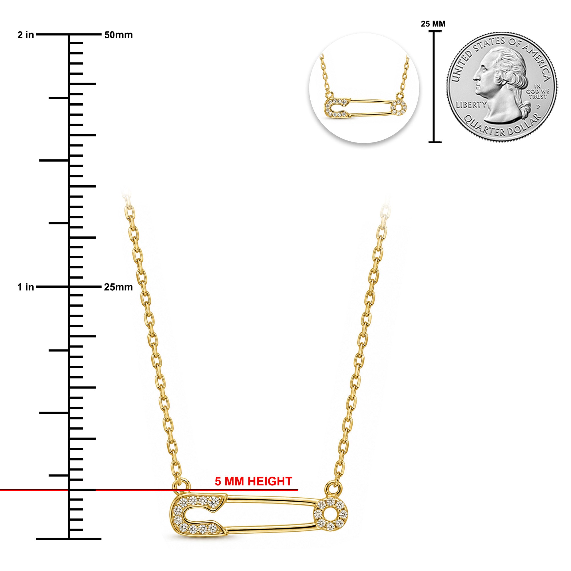 [group: gold-plated]Gold safety pin necklace with rhinestone accents, shown on a white background with measurement markings indicating 5 mm height, a coin size reference, and a small inset of the necklace.