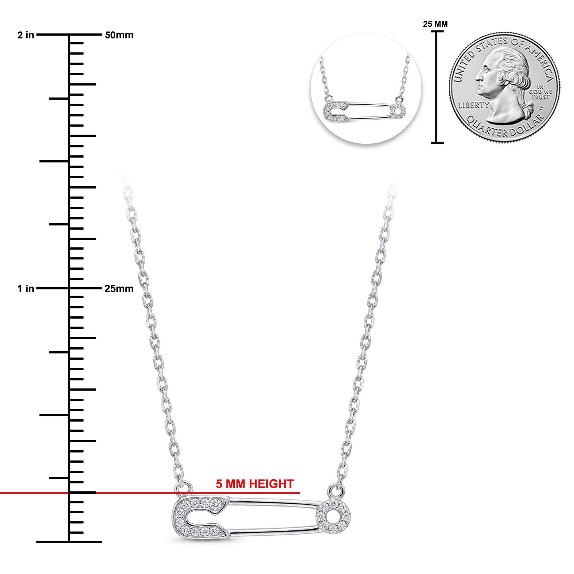 [group: silver]Silver safety pin pendant necklace on a delicate chain, shown with measurement markings indicating a 5 mm height and a 25 mm coin scale reference on a white background.