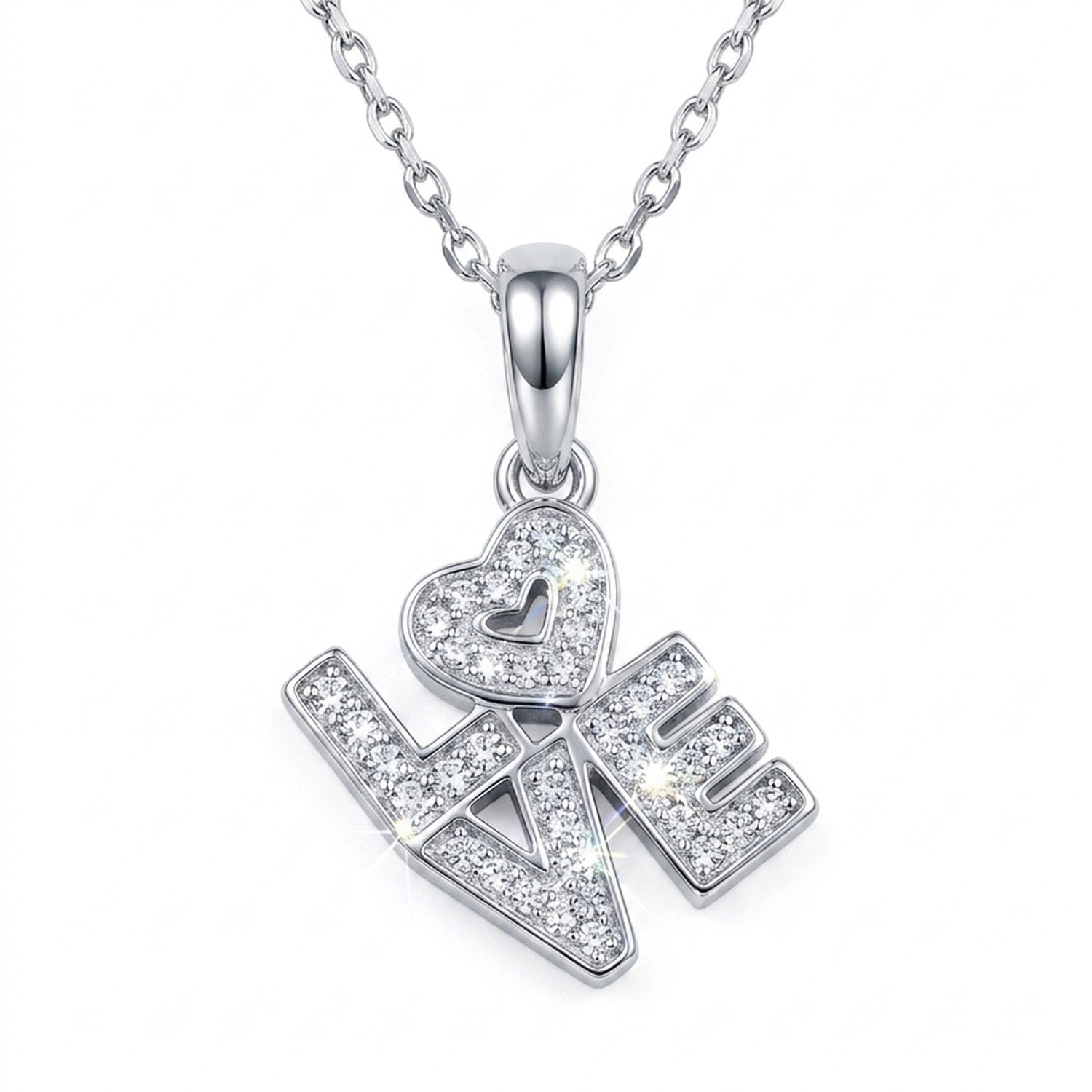 Silver 'LOVE' pendant necklace with heart design on a white background