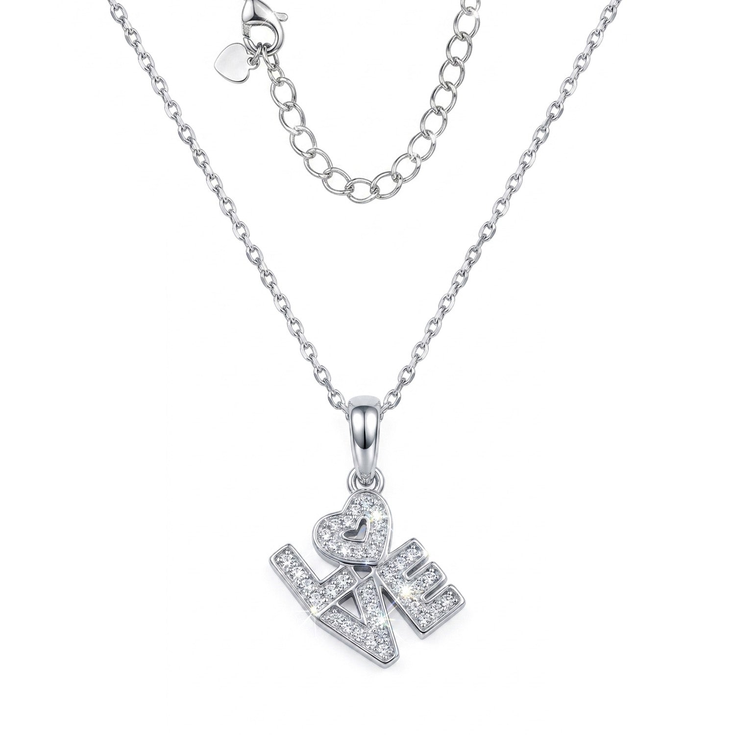 Silver necklace with a heart-shaped pendant on a white background