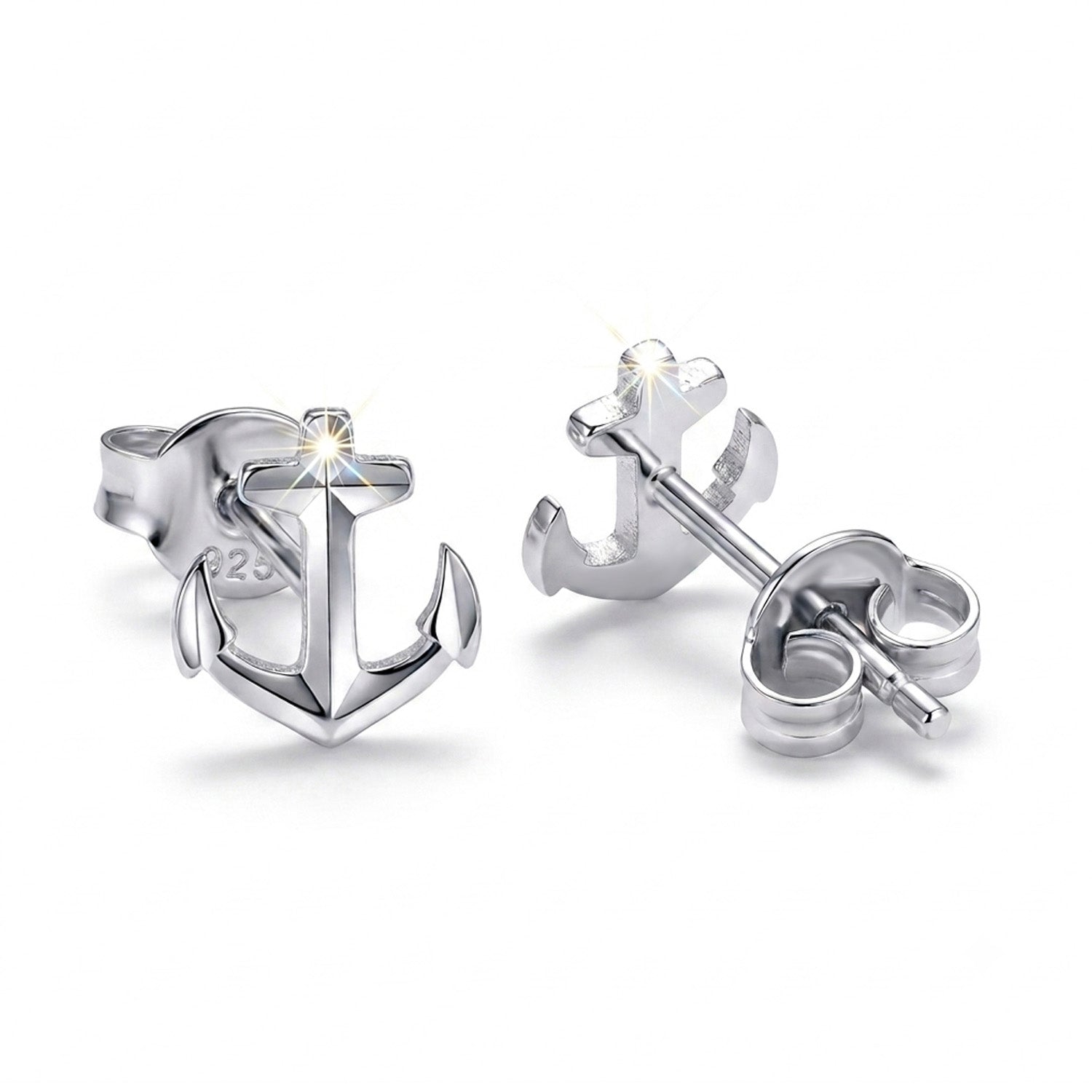 Silver anchor-shaped earrings on a white background