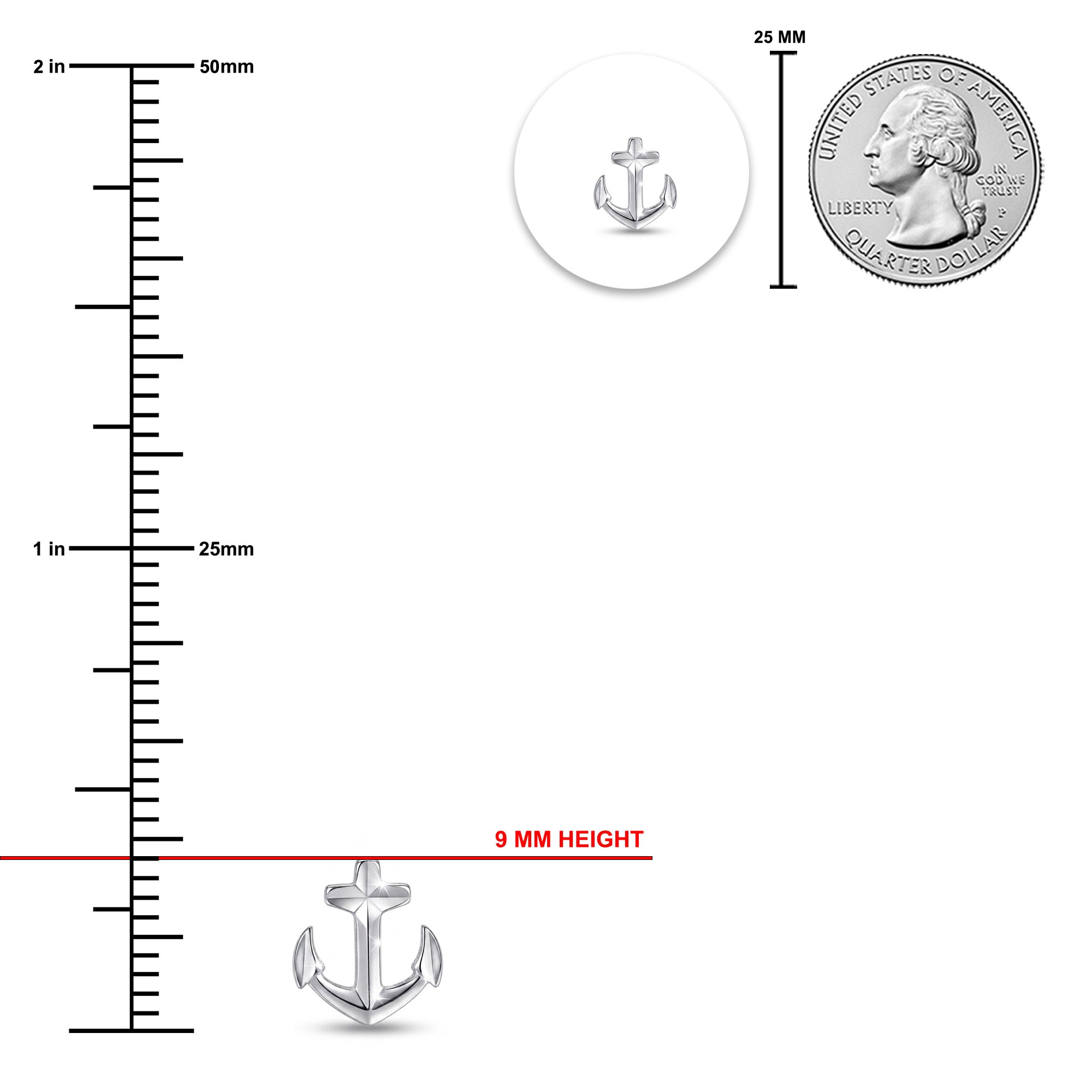 Silver anchor earrings with a ruler for size reference on a white background