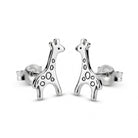 A pair of silver stud earrings shaped like giraffes, shown from the side against a plain white background.