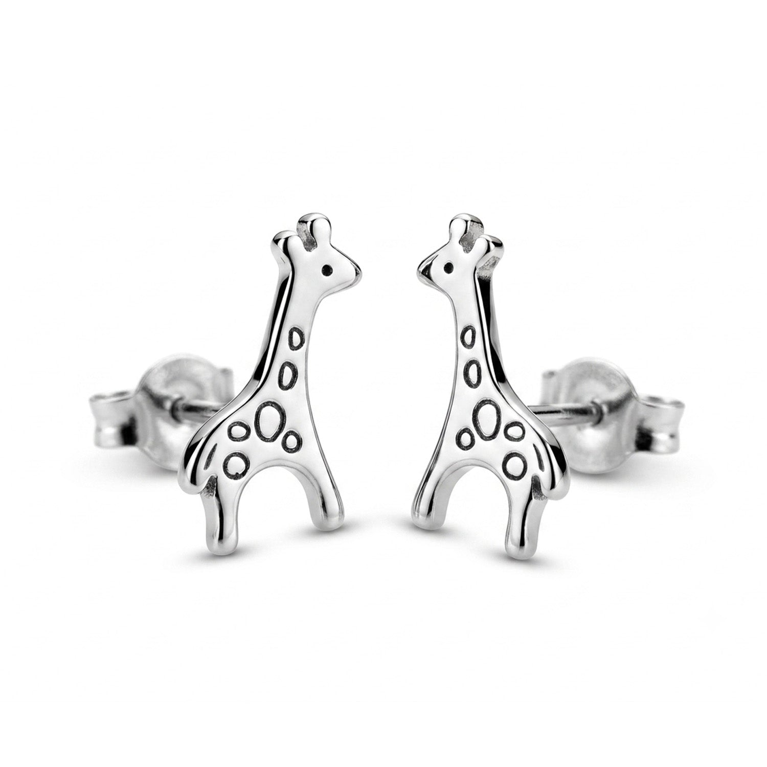 A pair of silver stud earrings shaped like giraffes, shown from the side against a plain white background.
