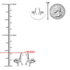 Silver giraffe stud earrings shown with measurement markings, a 11 mm height reference, and a quarter coin for scale on a white background.