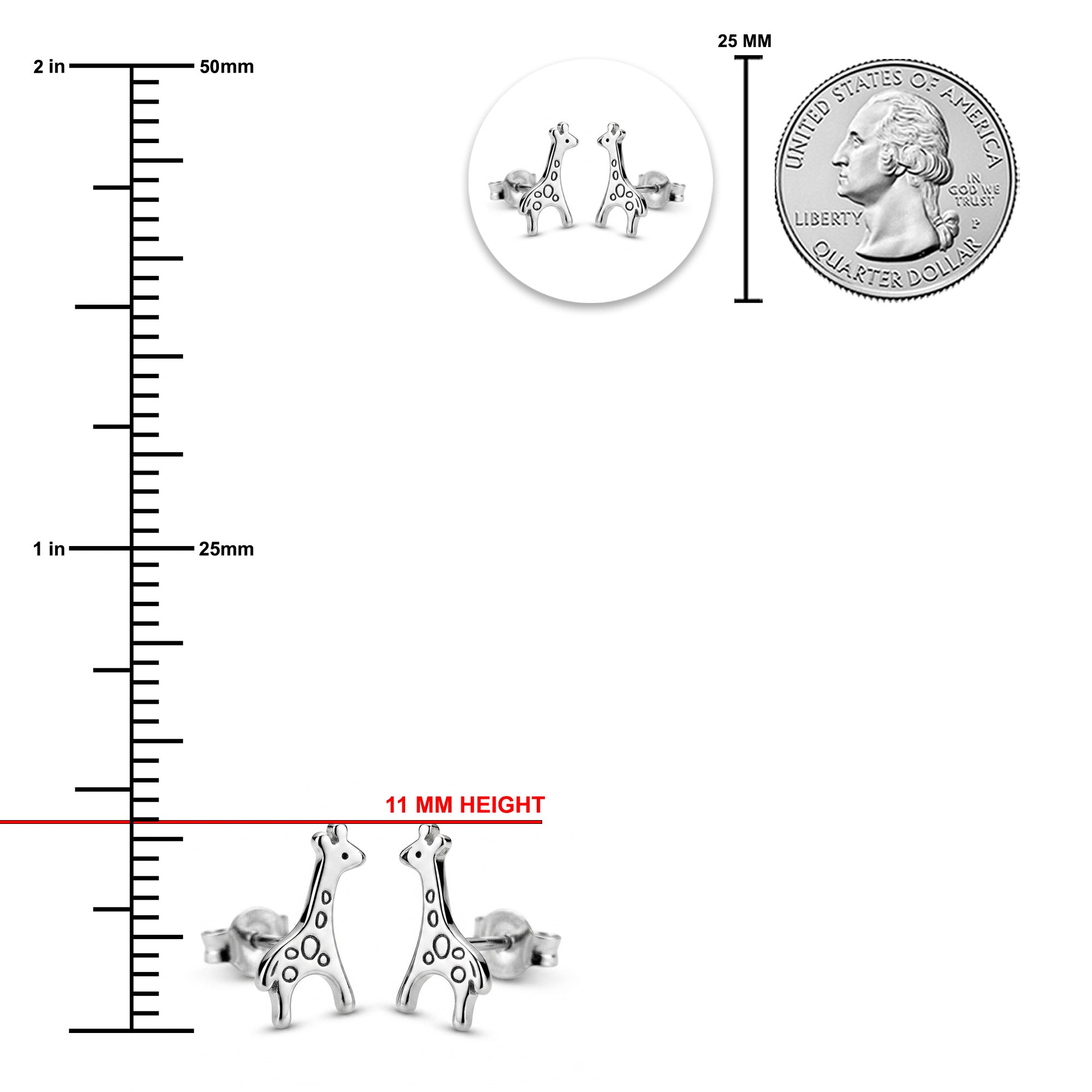 Silver giraffe stud earrings shown with measurement markings, a 11 mm height reference, and a quarter coin for scale on a white background.
