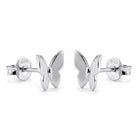 A pair of silver butterfly stud earrings with a polished finish and 925 sterling silver backing, shown on a clean white background.