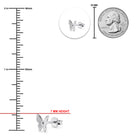 Silver butterfly stud earrings shown with measurement markings, a circular inset of the front view, a quarter coin for scale, and a red line labeled 7 MM HEIGHT on a white background.