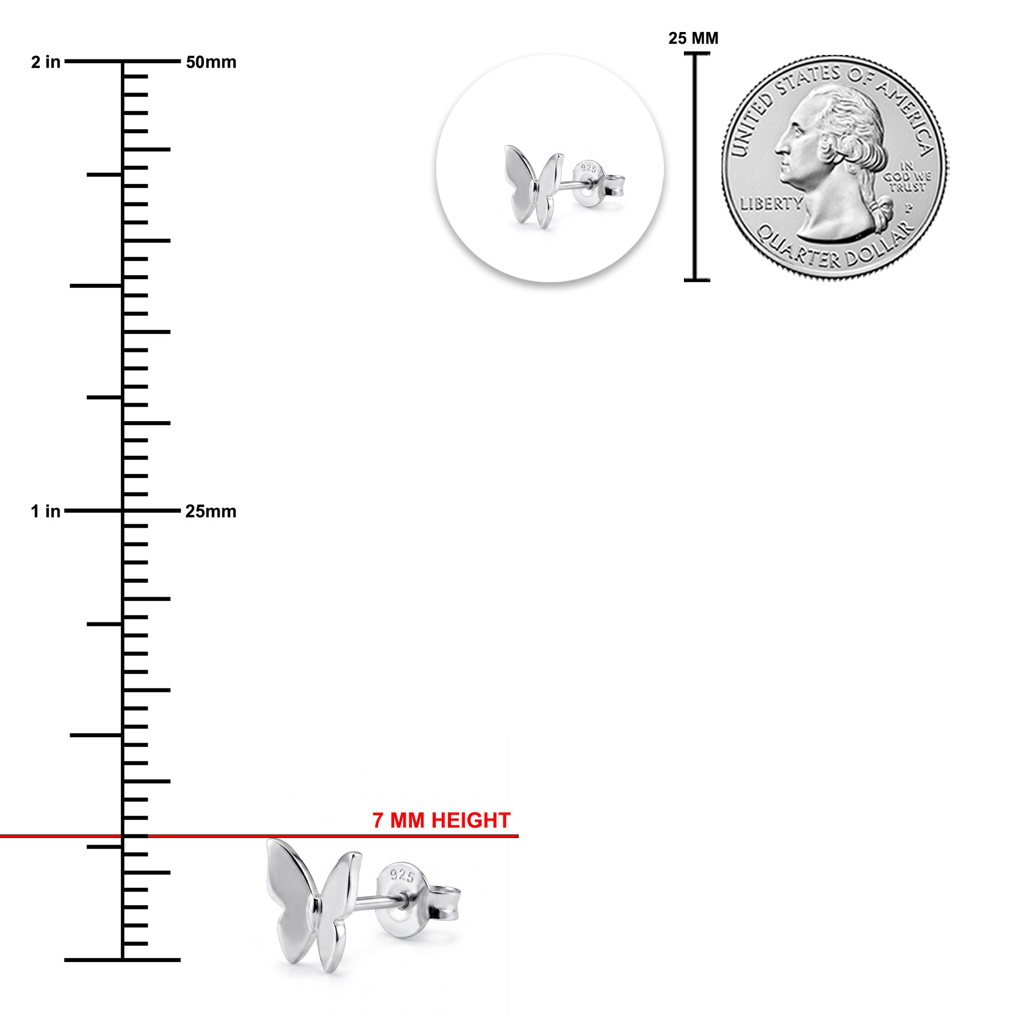 Silver butterfly stud earrings shown with measurement markings, a circular inset of the front view, a quarter coin for scale, and a red line labeled 7 MM HEIGHT on a white background.