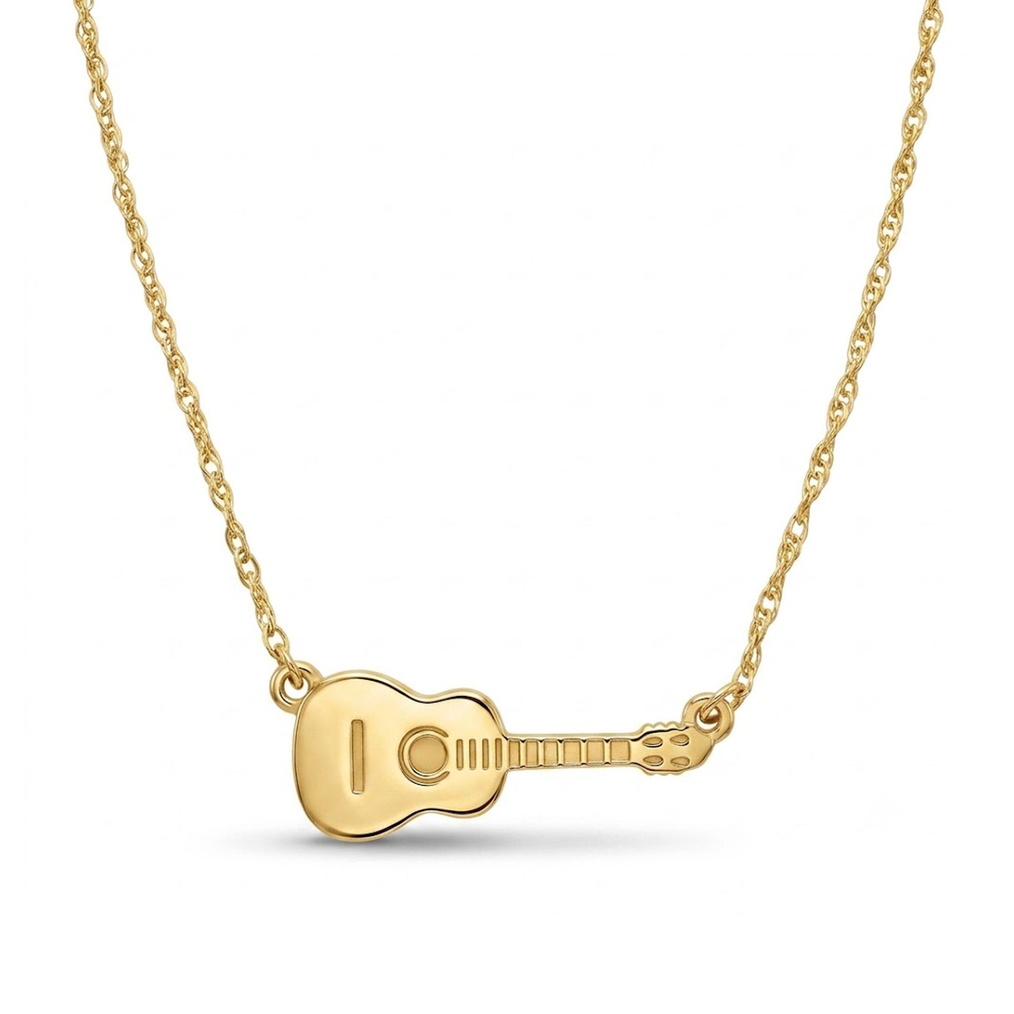 A gold necklace featuring a guitar-shaped pendant on a delicate cable chain, shown against a plain white background.