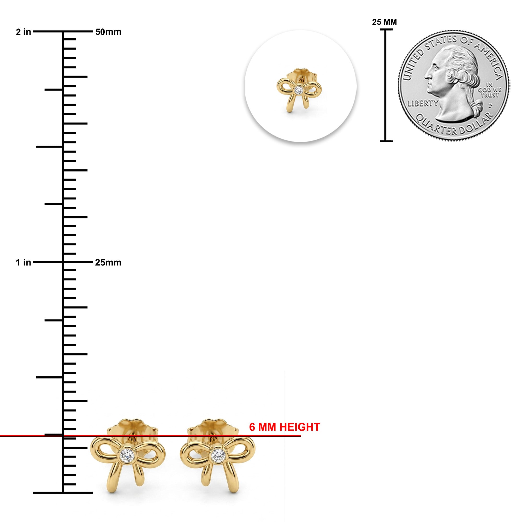 Gold bow-shaped stud earrings with clear rhinestones, shown with measurement markings, a circular inset of a single earring back, and a 25 mm coin for scale on a white background.