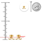 Gold post earrings shown with measurement markings, a 3 mm height indicator, a close-up inset of the earring back, and a U.S.