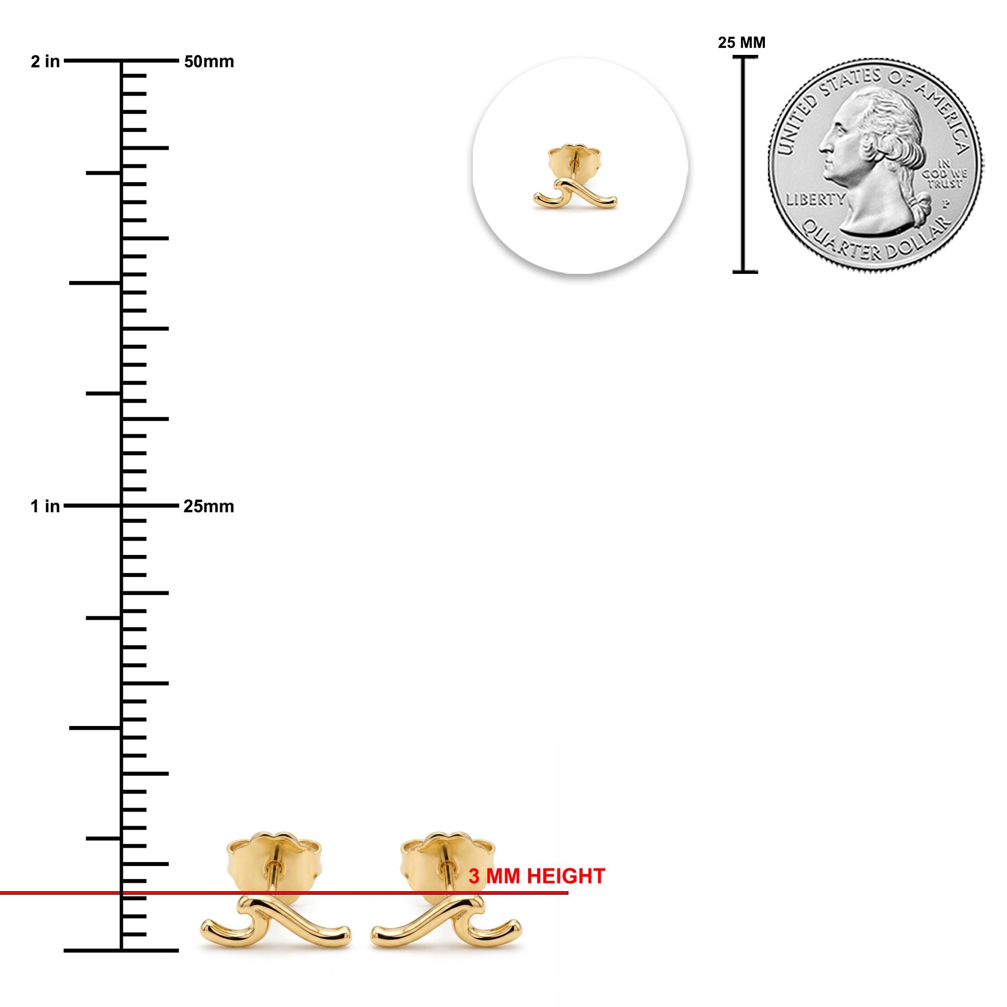 Gold post earrings shown with measurement markings, a 3 mm height indicator, a close-up inset of the earring back, and a U.S.
