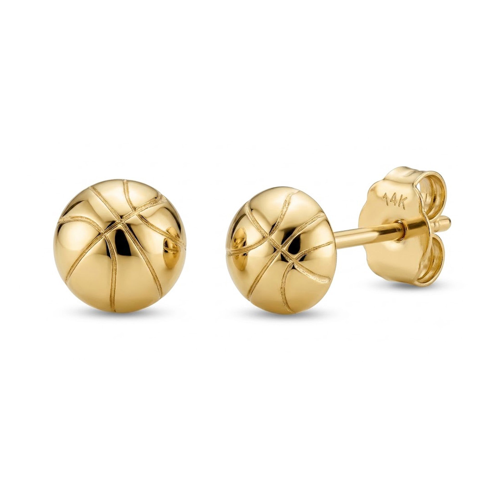 A pair of gold stud earrings shaped like basketballs, with one earring shown from the front and the other from the side/back, on a plain white background.