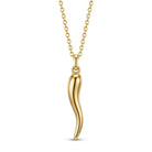 A polished yellow gold pendant necklace featuring a curved, stylized horn or horn-like charm on a delicate link chain, shown against a plain white background.