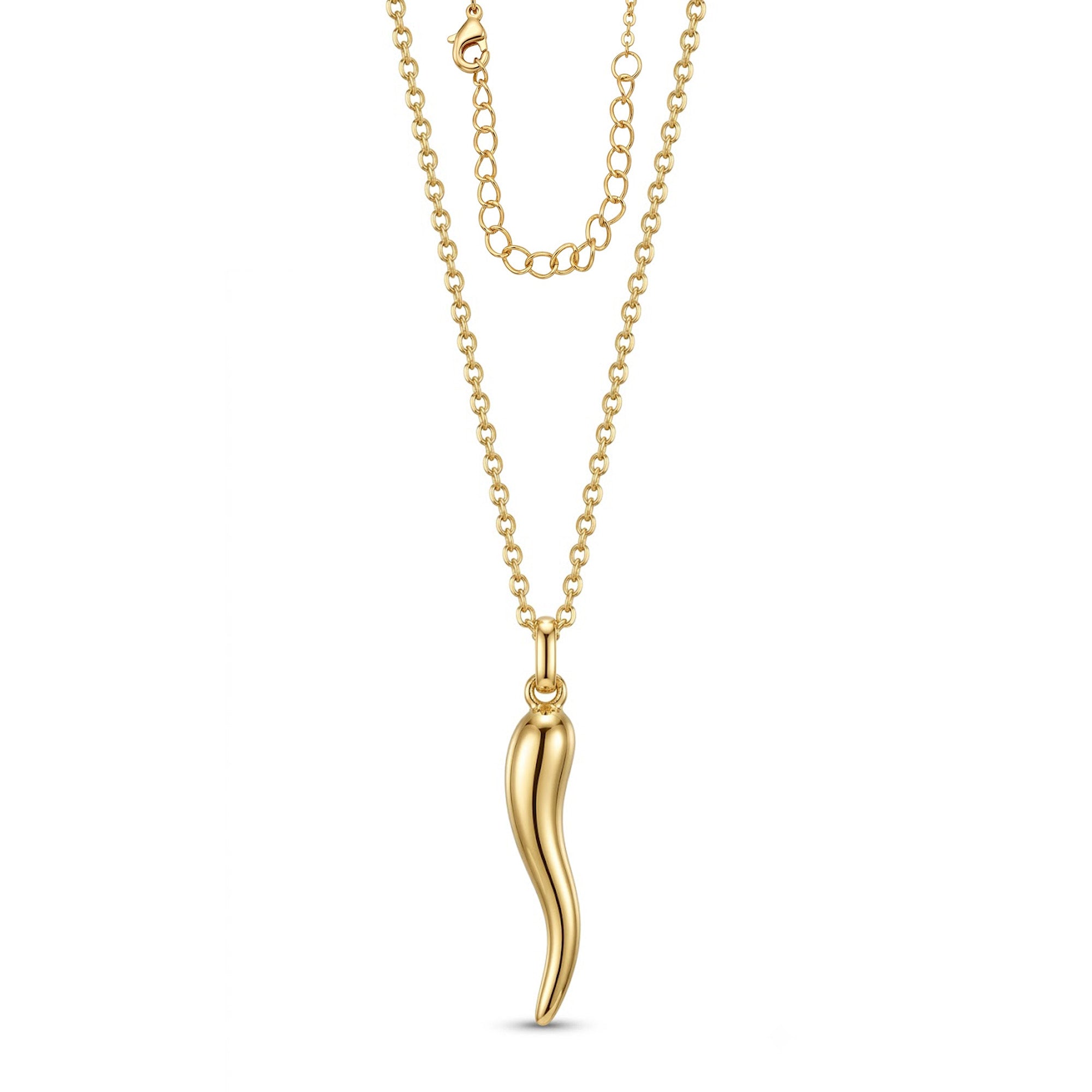 A gold necklace featuring a polished, curved pendant resembling a stylized chili pepper, suspended from a delicate gold chain with an adjustable extender, shown against a plain white background.