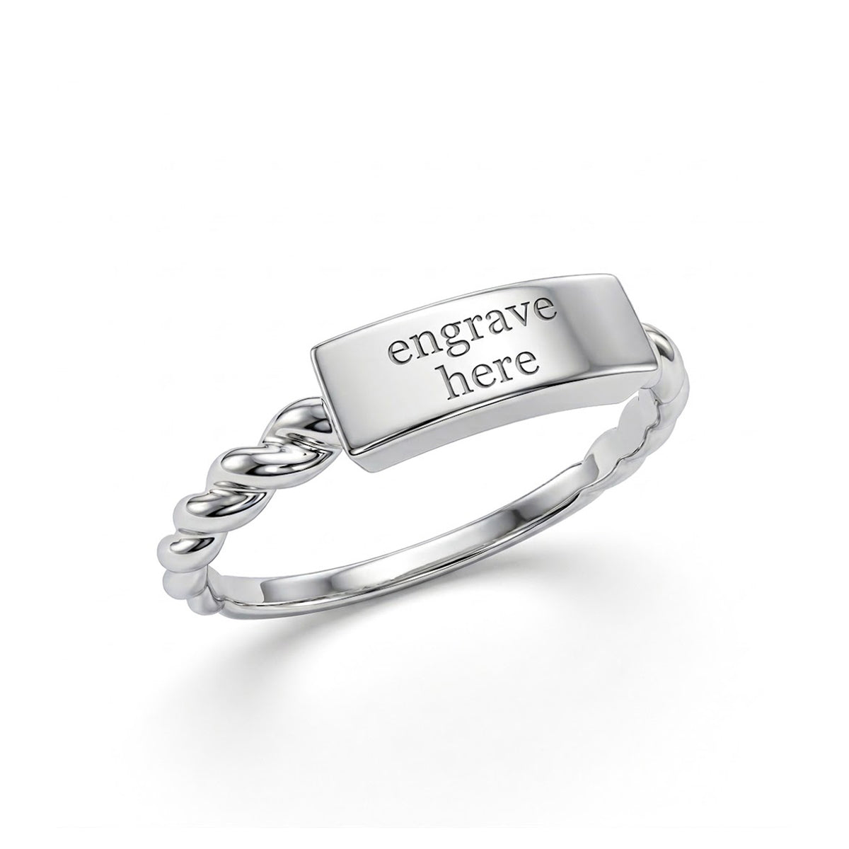 A silver nameplate ring with a twisted band and a rectangular top engraved with the placeholder text 'engrave here', shown on a clean white background.