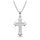 A silver cross pendant necklace with a textured center and polished edges, hanging from a silver chain against a plain white background.