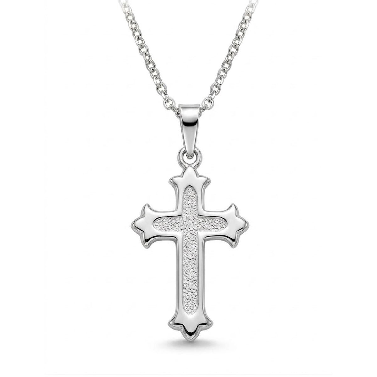 A silver cross pendant necklace with a textured center and polished edges, hanging from a silver chain against a plain white background.