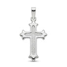 A polished sterling silver cross pendant with a textured center and a smooth outer border, featuring a bail at the top, shown on a plain white background.