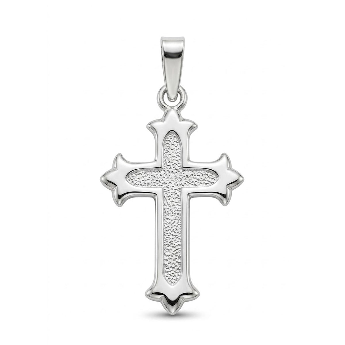 A polished sterling silver cross pendant with a textured center and a smooth outer border, featuring a bail at the top, shown on a plain white background.
