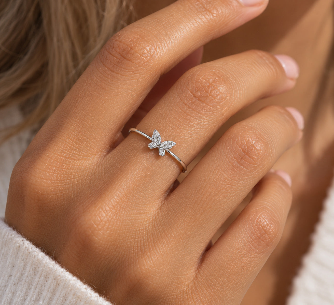 silver butterfly ring with cz stones 