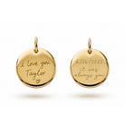 [group: 10k-gold] A round gold pendant charm with a top loop, featuring the engraved text 'ENGRAVE HERE' on a clean white background.