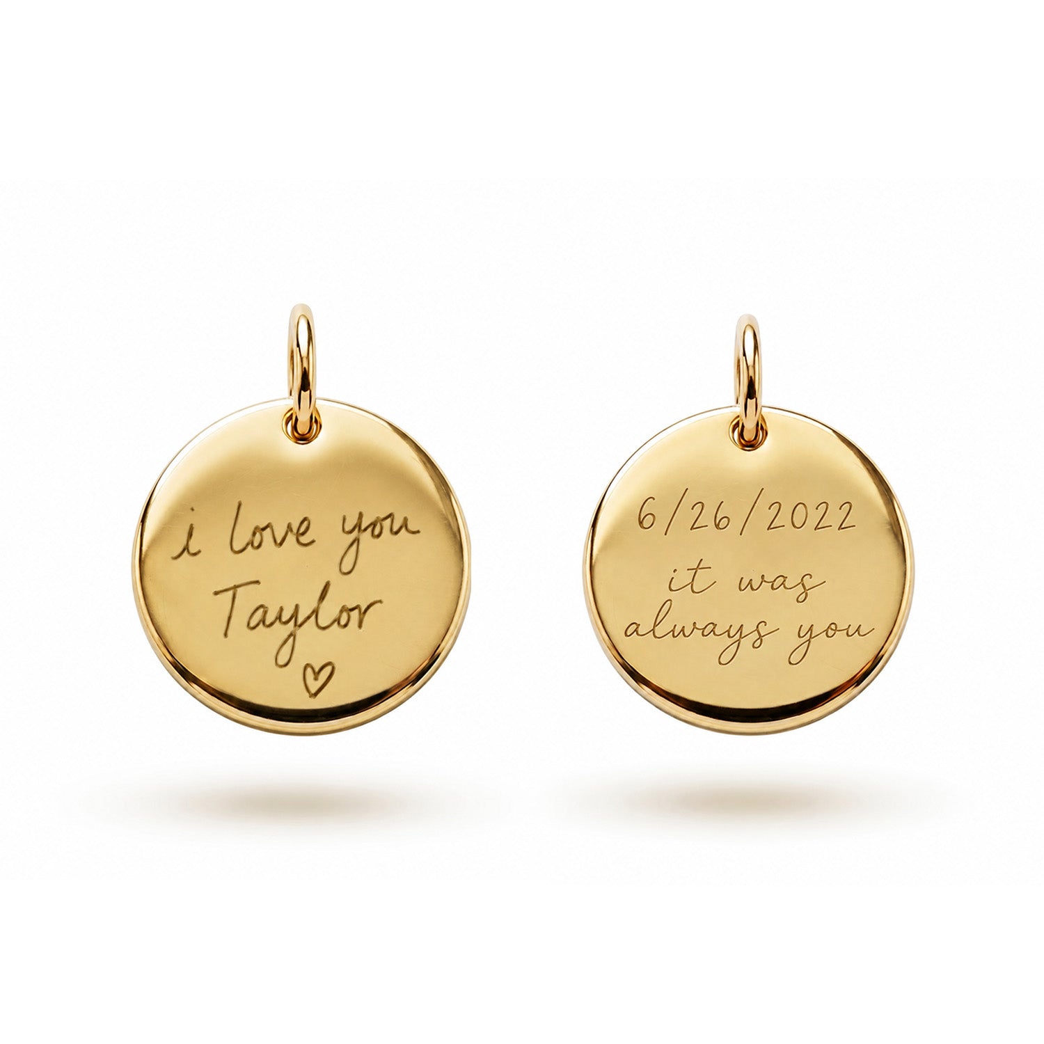 [group: 10k-gold] A round gold pendant charm with a top loop, featuring the engraved text 'ENGRAVE HERE' on a clean white background.